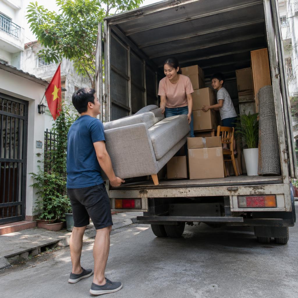 Xe tải đang được sắp xếp đồ đạc gia đình một cách khoa học để tối ưu không gian
