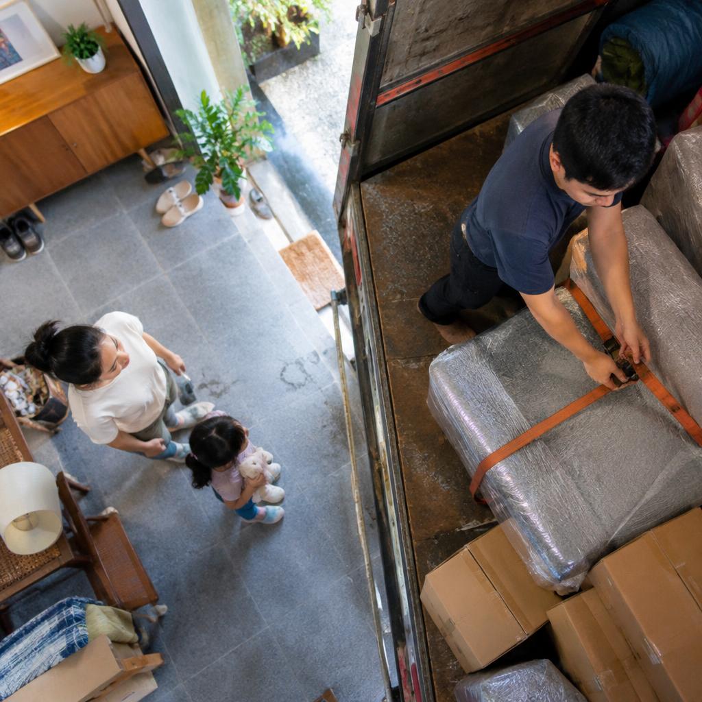Một người đang kiểm tra các thùng hàng được chất lên xe tải, đảm bảo an toàn cho việc vận chuyển